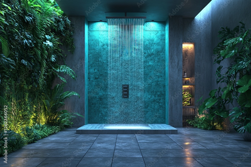 Naklejka premium Modern indoor shower with lush greenery and ambient lighting in a tranquil setting