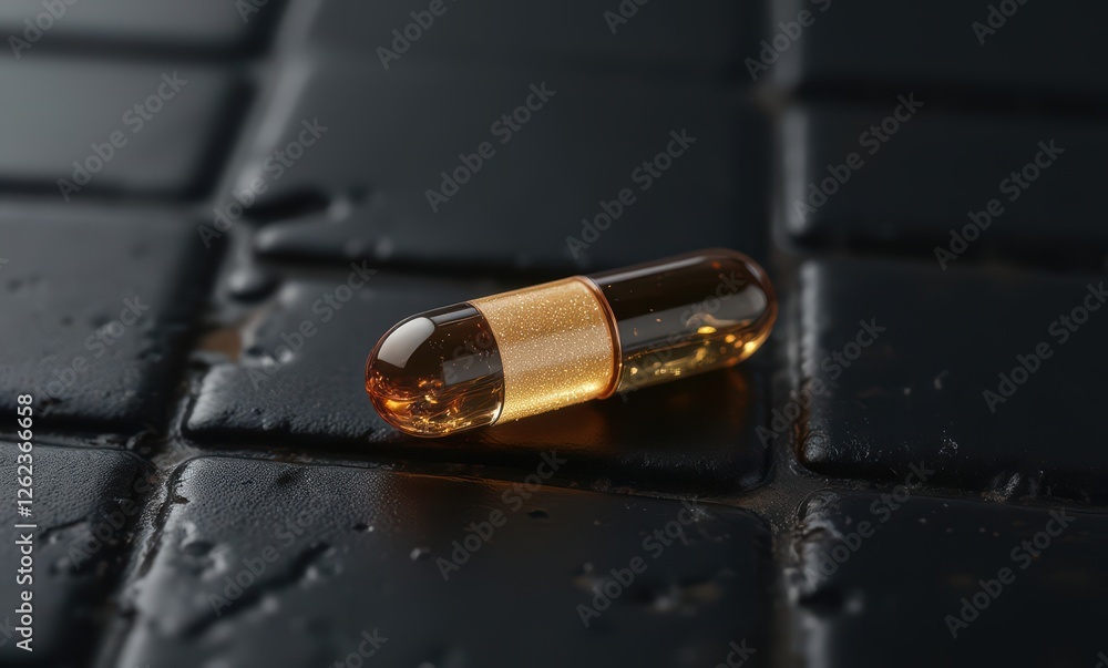 Close-up of a golden capsule on dark tiles Close-up of a golden capsule on dark tiles