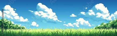 Sunny Day Meadow Landscape with Fluffy Clouds