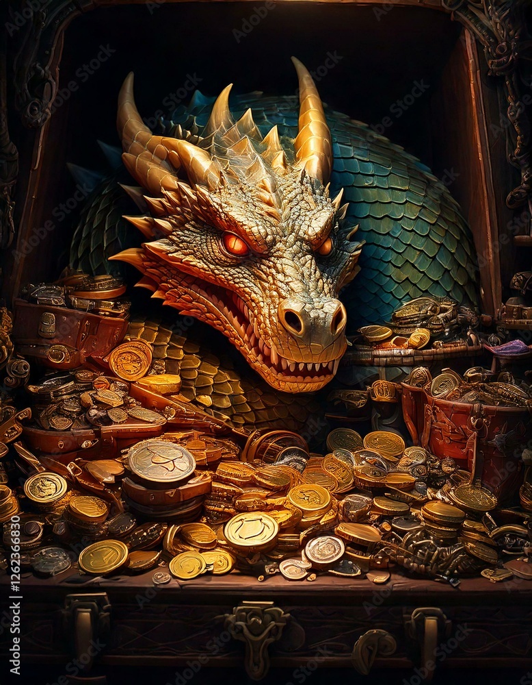 Dragon’s lair- Dragon sleeping amidst heaps Dragon’s lair- Dragon sleeping amidst heaps