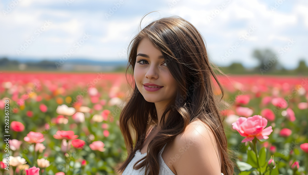 Outdoor portrait of young brunette beauty girl in rosses field, colorful. with white shades Outdoor portrait of young brunette beauty girl in rosses field, colorful. with white shades