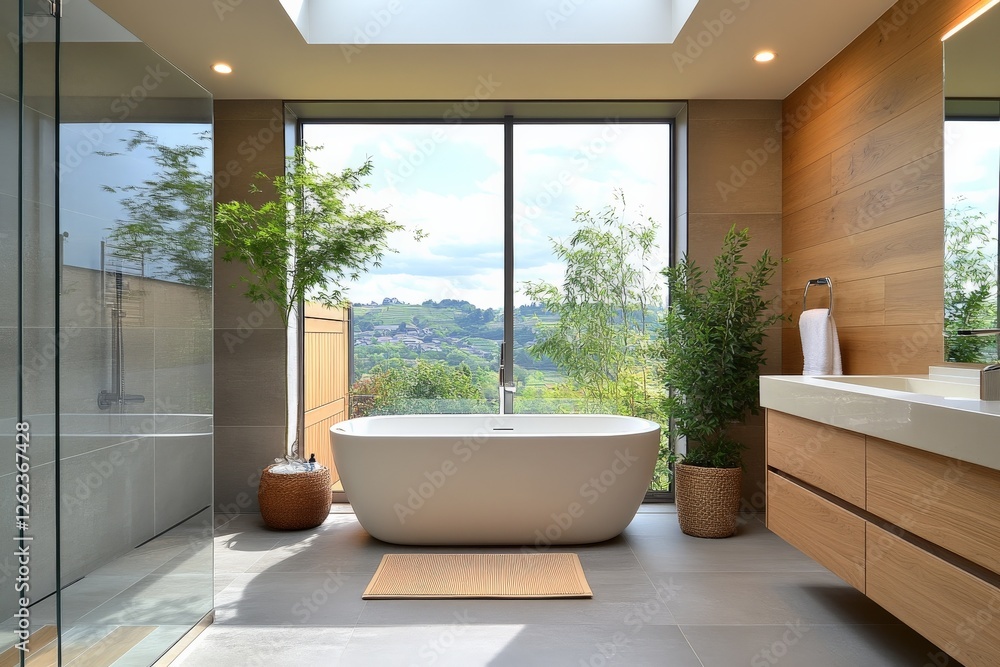 Fototapeta premium Elegant bathroom with modern design and scenic view of nature in bright surroundings
