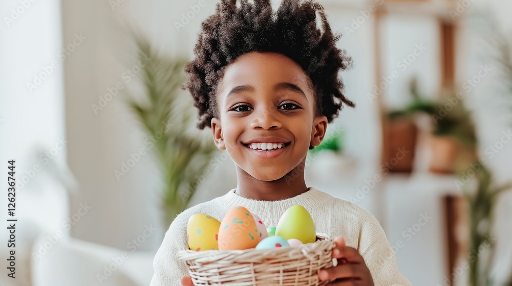 A young black boy smiles joyfully while holding an Easter basket filled with colorful decorated eggs. Soft pastel colors create a cheerful and festive background perfect for celebrating spring A young black boy smiles joyfully while holding an Easter basket filled with colorful decorated eggs. Soft pastel colors create a cheerful and festive background perfect for celebrating spring