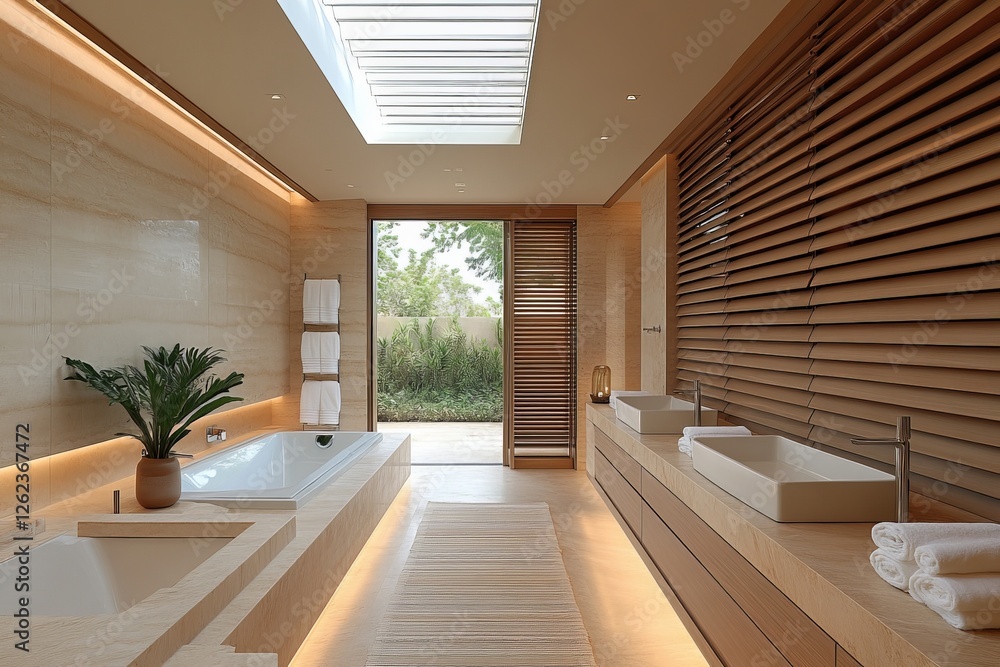 Fototapeta premium Modern bathroom design with natural light and wooden accents featuring a soaking tub and elegant fixtures