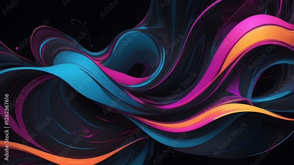 Fluid wavy lines in vibrant neon colors on black background. Abstract digital art with dynamic twist and flow. Pulsating lights music festival high tech party theme. Fluid wavy lines in vibrant neon colors on black background. Abstract digital art with dynamic twist and flow. Pulsating lights music festival high tech party theme.