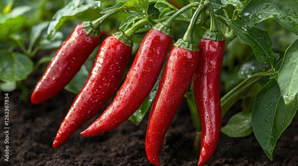 Red chili peppers hanging from plants in a garden bed Red chili peppers hanging from plants in a garden bed