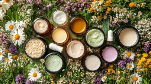 Beautiful floral arrangement with skincare products on a light background in ...