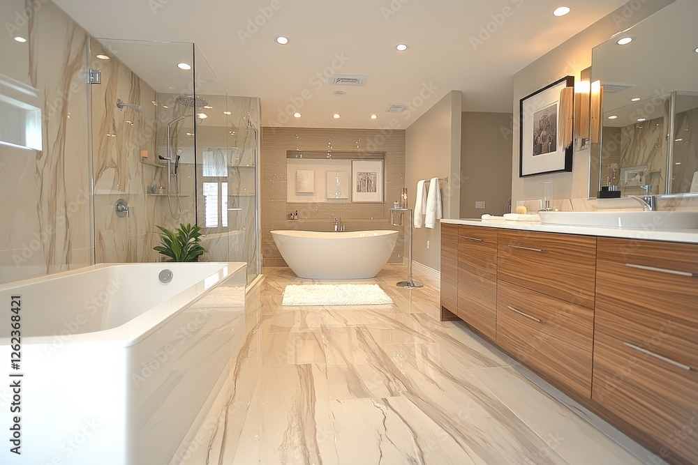 Fototapeta premium Elegant modern bathroom featuring a sleek bathtub and spacious vanity in a serene, light-filled environment