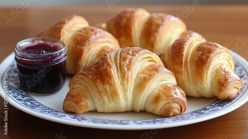Freshly baked croissants served with fruit preserve and flowers on a rustic t...