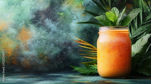 Refreshing tropical smoothie with mango and raspberries in vibrant setting