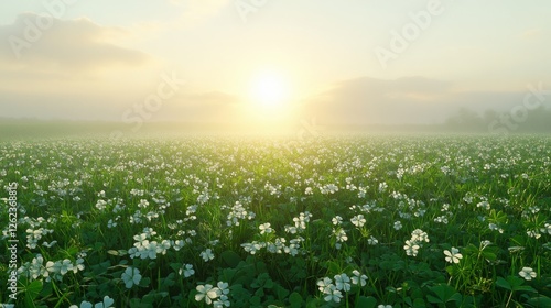 Bright sun illuminates green clover field against blue sky with clouds in rur...