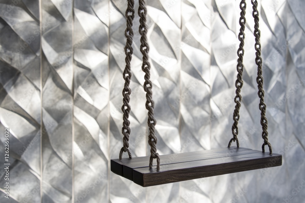 A wooden swing hangs suspended in front of textured wall A wooden swing hangs suspended in front of textured wall