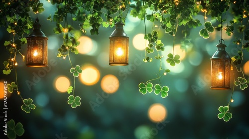 Lanterns glowing among green leaves in a serene outdoor setting at dusk