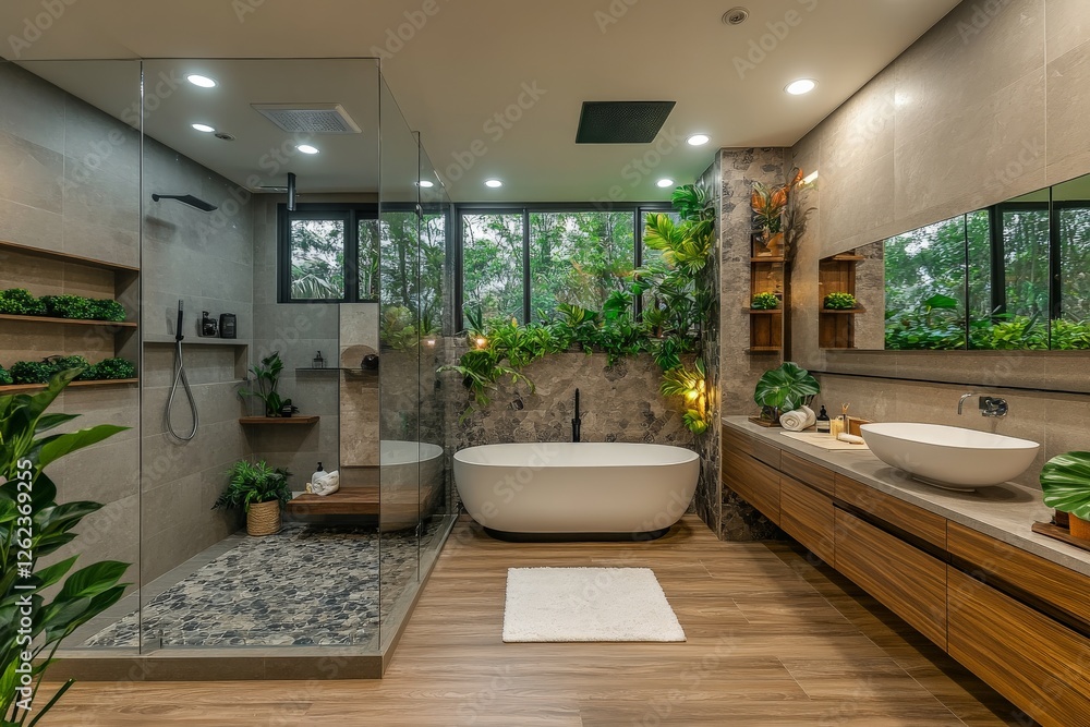 Fototapeta premium Modern bathroom design with natural elements, large windows, and elegant fixtures for a serene atmosphere
