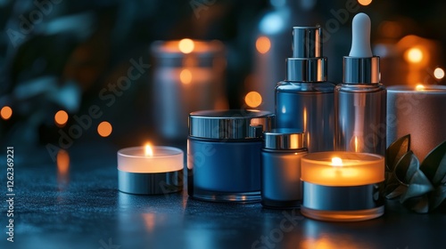Relaxing spa setup with candles and essential oil bottles in a tranquil envir...