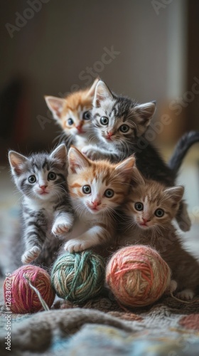 Playful kittens chase yarn ball in cozy indoor setting during daytime