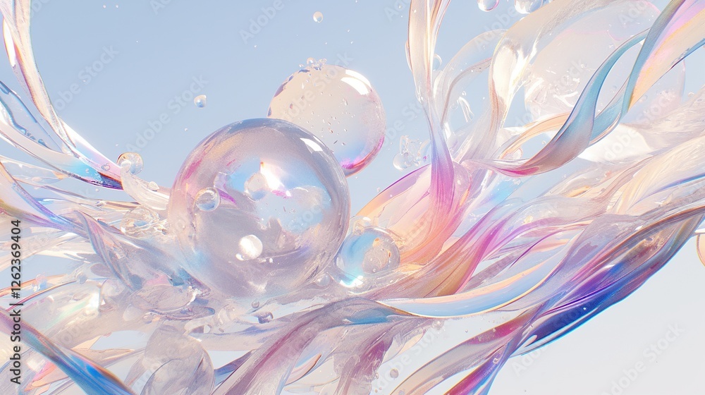 Obraz premium Transparent spheres & swirling ribbons on light backdrop. Abstract use