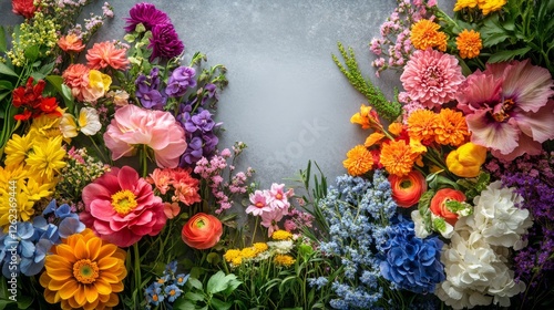 Bright assortment of fresh flowers creating a vibrant border on a white backg...