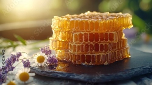 Honeycomb stacks on a dark stone surface against a rustic backdrop