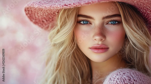 Stunning close-up portrait of model with dramatic makeup surrounded by vibran...