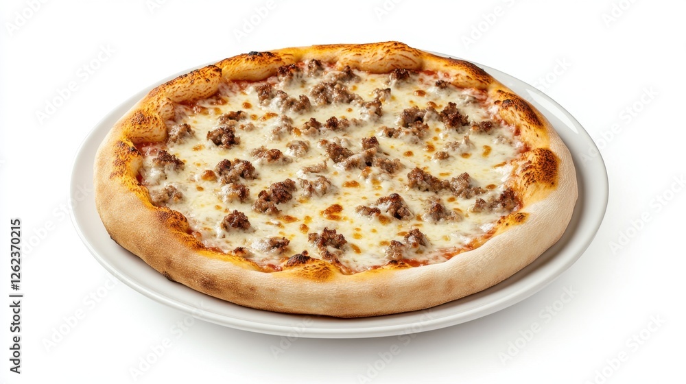 A delicious pizza topped with ground beef and melted cheese, served on a round platter with a golden crust. A delicious pizza topped with ground beef and melted cheese, served on a round platter with a golden crust.