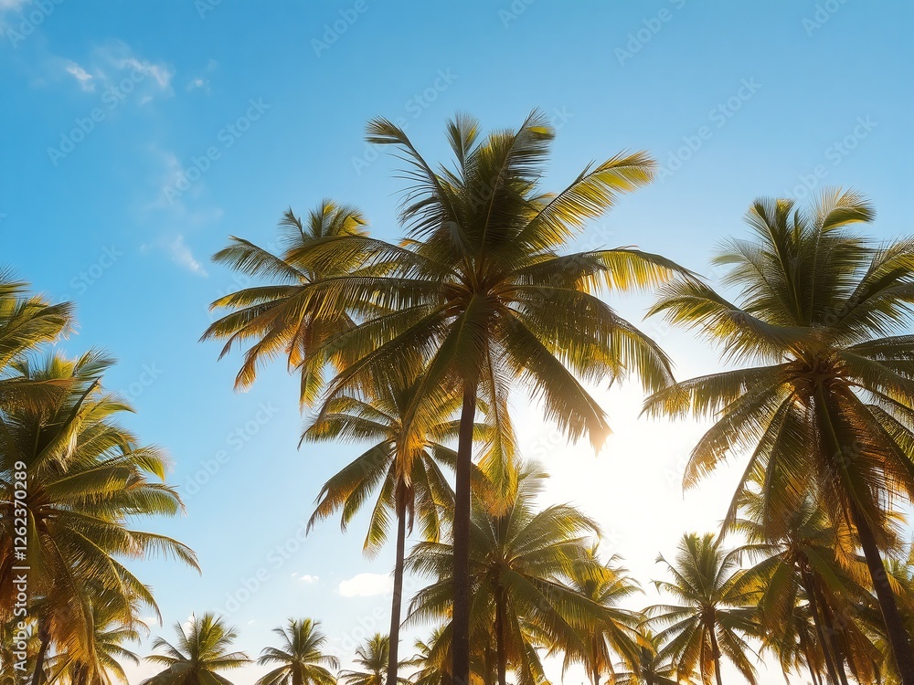 A tropical beach scene with tall palm trees swaying against a bright blue sky, with the golden sun shining through the leaves A tropical beach scene with tall palm trees swaying against a bright blue sky, with the golden sun shining through the leaves