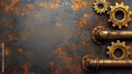 Rusty industrial pipes with gears in a steampunk style on a textured surface