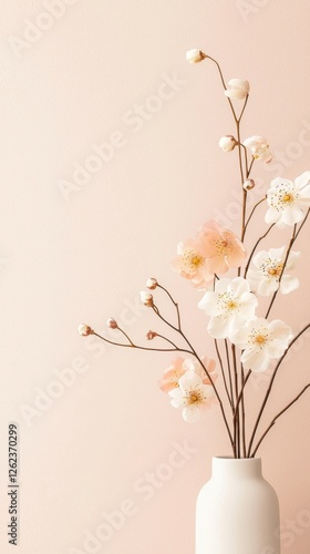 A serene arrangement of delicate flowers in a white vase against a soft pink wall, creating a peaceful and elegant aesthetic.