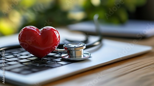 Red heart, stethoscope on laptop, medical office photo