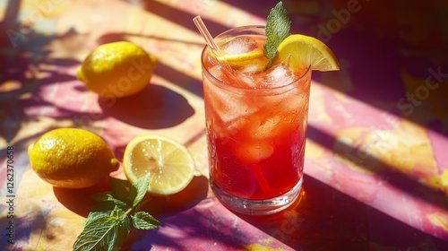Refreshing iced tea garnished with lemon and mint in a sunny garden setting