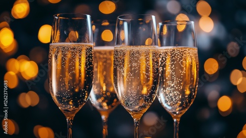 Celebration with sparkling drinks in elegant glasses amidst glowing lights at...