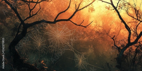 bare branches with intricate spider webs catching the light, set against a backdrop of a forest with soft natural colors