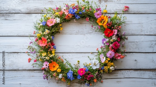 Colorful floral wreath resting against a rustic wooden background for seasona...