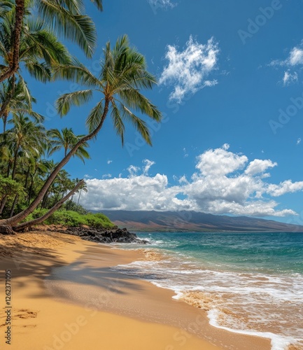 Tropical beach scene with palm trees, waves, and mountain backdrop