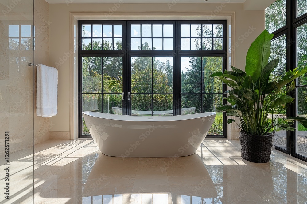 Fototapeta premium Modern bathroom design featuring a freestanding tub with large windows overlooking a serene outdoor landscape