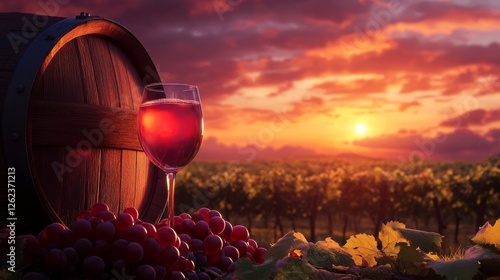 Sunset over vineyard with glass of wine and wooden barrel at harvest time