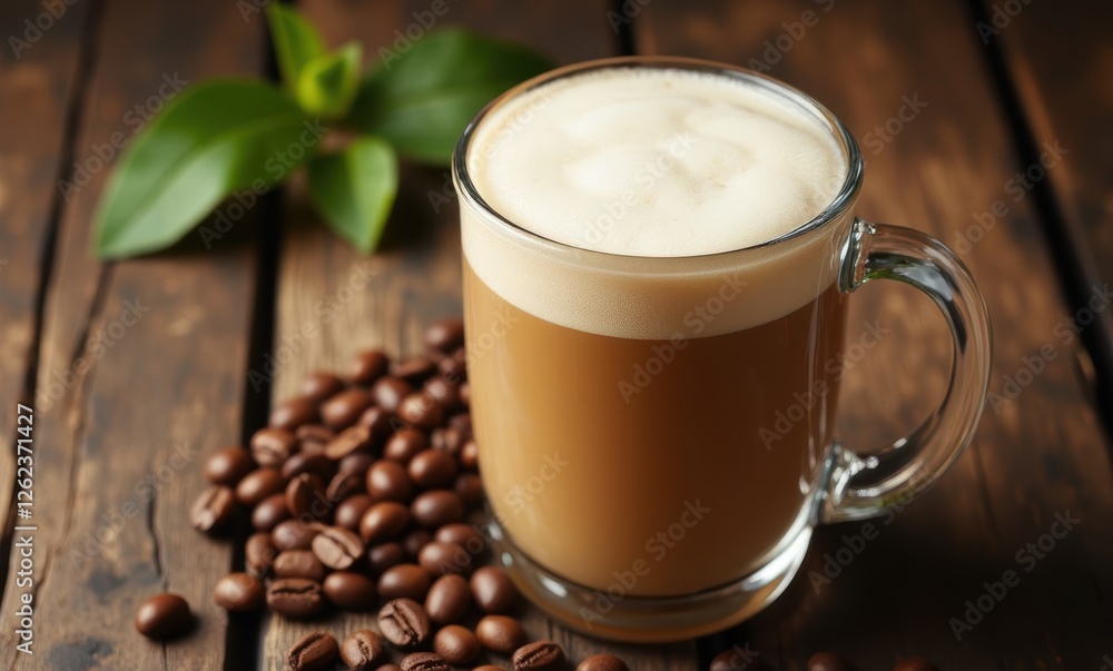 Coffee in a glass mug with beans Coffee in a glass mug with beans
