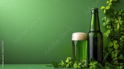 Green beer with clovers on a vibrant green background for celebration