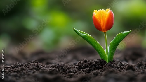 Red flower blooming amidst soil and green foliage in a vibrant garden during ...