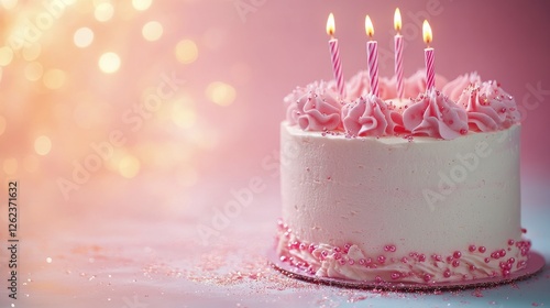 Delicate pink birthday cake with candles glowing softly on a festive table se...