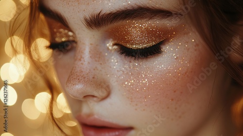 Elegant close-up of a woman with golden makeup against a shimmering golden ba...