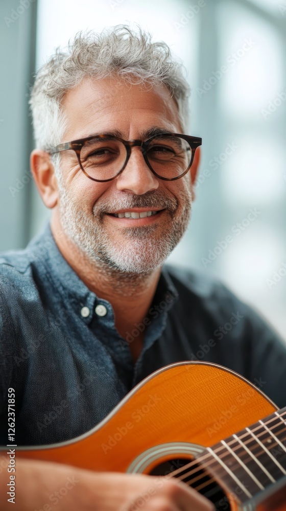 Smiling man with glasses playing acoustic guitar in a cozy indoor setting during the day Smiling man with glasses playing acoustic guitar in a cozy indoor setting during the day