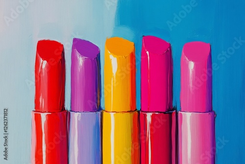 Vivid lip colors arranged in a gradient of hues on a colorful background