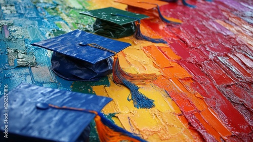 Colorful graduation caps arranged on a vibrant textured background for a cele...