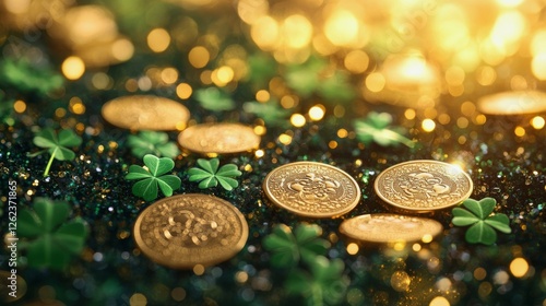Gold coins scattered among green clovers shining in warm sunlight
