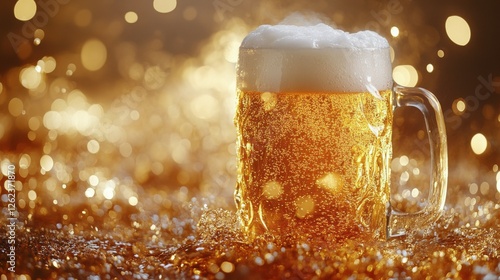 Golden beer in a glass sitting on a sparkling surface surrounded by bubbles a...