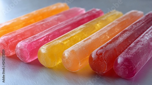 Colorful frozen fruit pops arranged on ice at a summer gathering for refreshi...