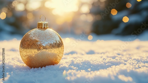 Golden ornament resting in soft snow during winter sunset with blurred festiv...