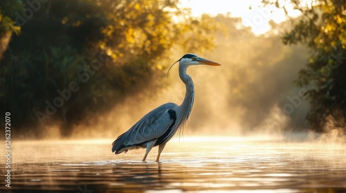 Heron wades through misty waters at sunrise near a tranquil riverbank