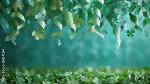 Vibrant green clovers hanging in soft focus lighting, evoking a sense of calm...